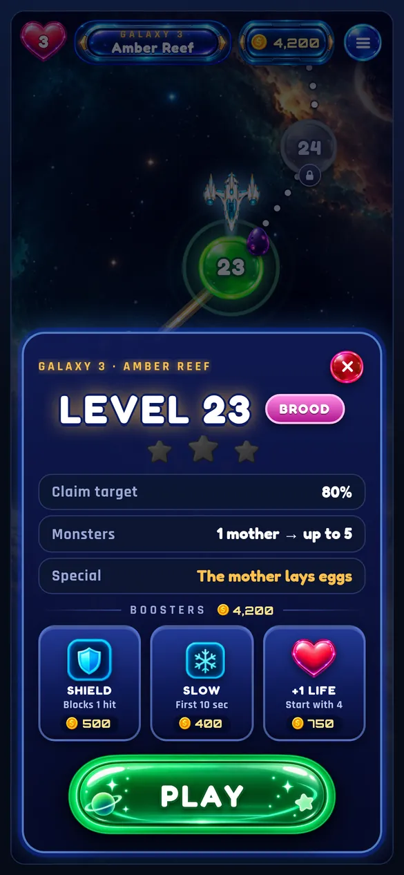 Level card with Shield, Slow and +1 Life boosters